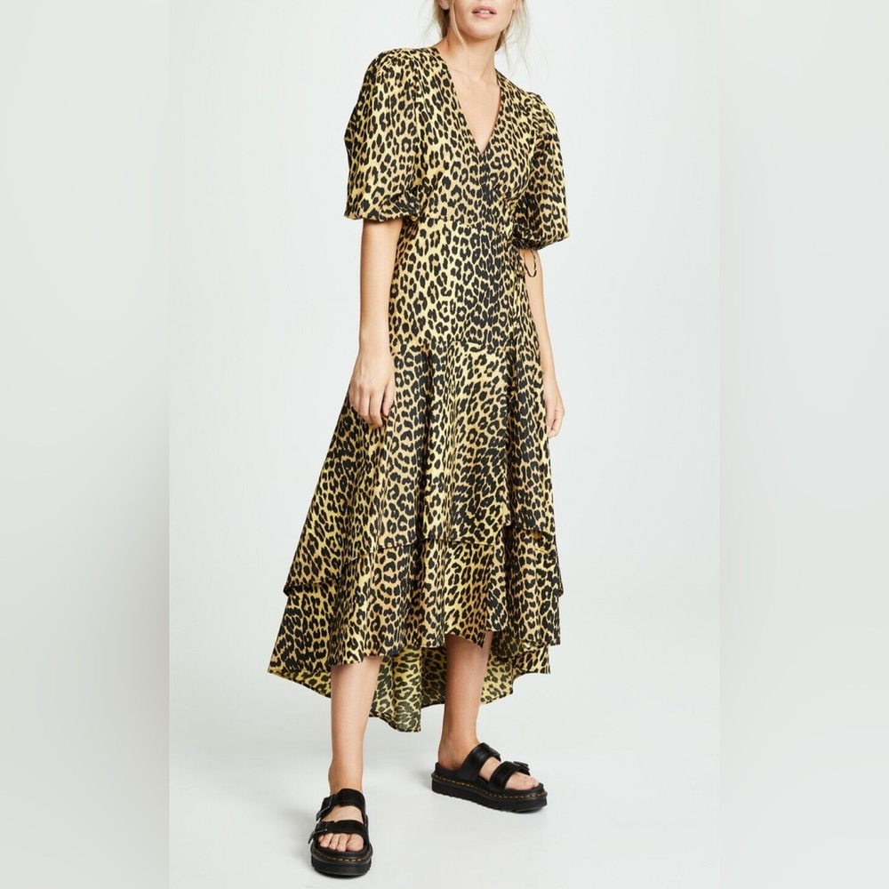 GANNI Leopard Print Midi Dress Tiered Ruffle V-Neck Size 34 / XS